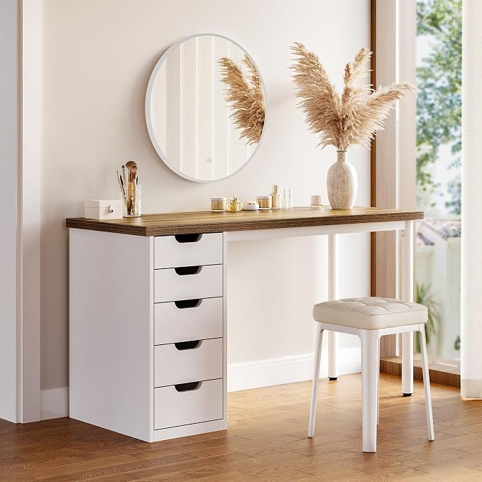 LITTLE TREE Computer Desk with 5 Drawers, 47 Inch Modern Simple Study Writing Desk with Metal Frame, Work Desk for Home Office, Rustic Brown and White