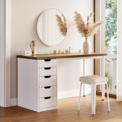 LITTLE TREE Computer Desk with 5 Drawers, 47 Inch Modern Simple Study Writing Desk with Metal Frame, Work Desk for Home Office, Rustic Brown and White