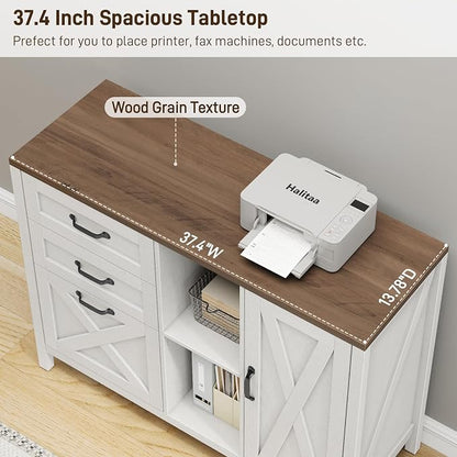 Halitaa 3 Drawer File Cabinet, Farmhouse Style Lateral Filing Cabinet Suitable for Letter or A4 Size Files, Wooden Home Office Storage with Adjustable Shelf and Printer Stand, White and Brown