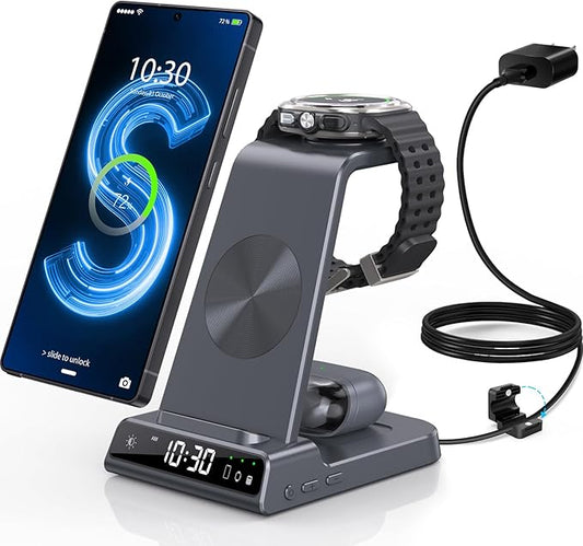 Multi-device charging stand with smartphone, smartwatch, and headphones on a white background