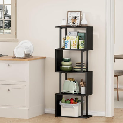 Gadroad 4-Tier Bookshelf, Narrow S-Shaped Geometric Bookcase, Wood Decorative Storage Shelving, Modern Freestanding Display Shelves, Book Shelf Unit for Living Room Bedroom Home Office, Black