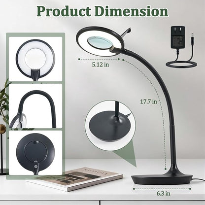 Magnifier Desk Lamp, Flexible Gooseneck, 2-in-1 Magnifying Glass 3X+6X Led Work Light for Elderly Reading, 3 Dimmable Office Magnifying Lamp, Hands Free Mag Desk Lamp for Crafts Sewing Needlepoint