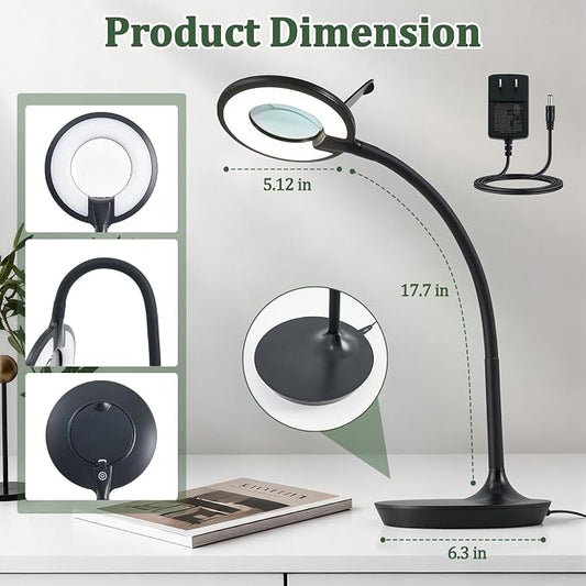Magnifier Desk Lamp, Flexible Gooseneck, 2-in-1 Magnifying Glass 3X+6X Led Work Light for Elderly Reading, 3 Dimmable Office Magnifying Lamp, Hands Free Mag Desk Lamp for Crafts Sewing Needlepoint