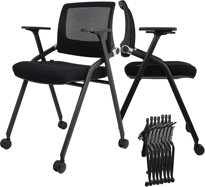 10 Pack Foldable Office Chairs with Wheels, Mesh Back, Arms and Portable - Folding Office Chairs Stackable for Conference Room Chair, Office Guest & Reception & Meeting Chair - (Black) 300 lbs.