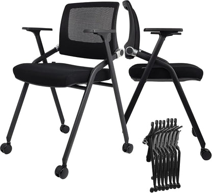 10 Pack Foldable Office Chairs with Wheels, Mesh Back, Arms and Portable - Folding Office Chairs Stackable for Conference Room Chair, Office Guest & Reception & Meeting Chair - (Black) 300 lbs.