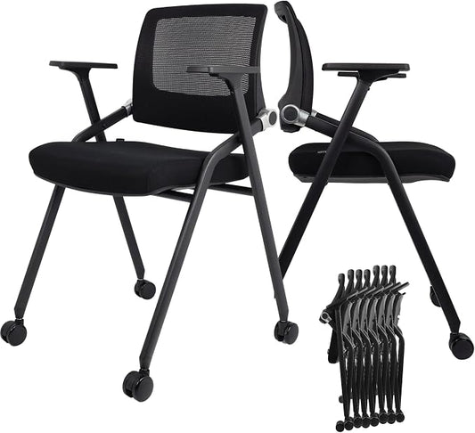 10 Pack Foldable Office Chairs with Wheels, Mesh Back, Arms and Portable - Folding Office Chairs Stackable for Conference Room Chair, Office Guest & Reception & Meeting Chair - (Black) 300 lbs.