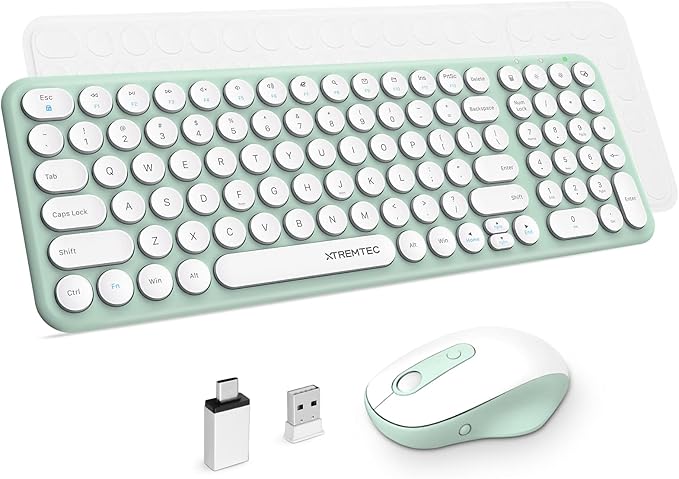 Wireless Keyboard and Mouse Combo,XTREMTEC 2.4GHz Quiet Slim Cute Round Keycap Compact Size Green Kawaii Cordless Retro Keyboard and Mouse Set Home Office Accessories for Mac/Windows(Macaron Green A)