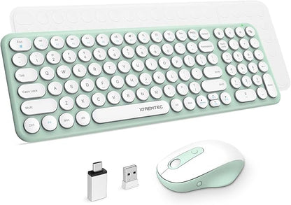 Wireless Keyboard and Mouse Combo,XTREMTEC 2.4GHz Quiet Slim Cute Round Keycap Compact Size Green Kawaii Cordless Retro Keyboard and Mouse Set Home Office Accessories for Mac/Windows(Macaron Green A)