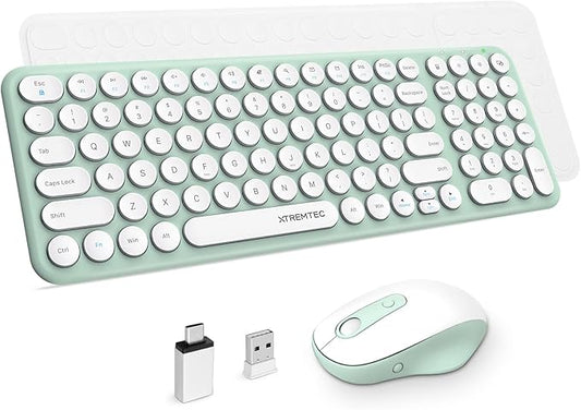 Wireless Keyboard and Mouse Combo,XTREMTEC 2.4GHz Quiet Slim Cute Round Keycap Compact Size Green Kawaii Cordless Retro Keyboard and Mouse Set Home Office Accessories for Mac/Windows(Macaron Green A)