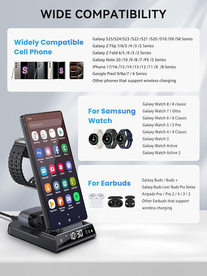 Wireless Charger for Samsung Charging Station with Clock for Samsung Galaxy S25 Ultra/S24 Ultra/Z Flip 7/Fold 6/Bud, 3 in 1 Android Charging Station, Watch Charger for Samsung Galaxy Watch 8/7/6/5Pro