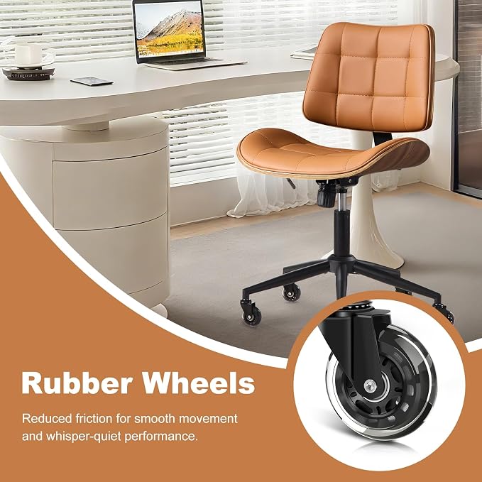 BV Armless Office Chair with Rubber Wheels, 360° Swivel Adjustable Task Chair, PU Leather Rolling Desk Chair for Home Office, Study and Conference Room, Brown