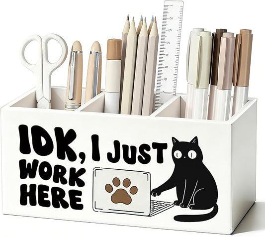 Funny Black Cat Pen Pencil Holder for Desk, Black Cat Gifts, Office Humor Gifts for Coworkers, IDK I Just Work Here Wooden Box Sign Decorations for Home Office Workplace Desk Tabletop
