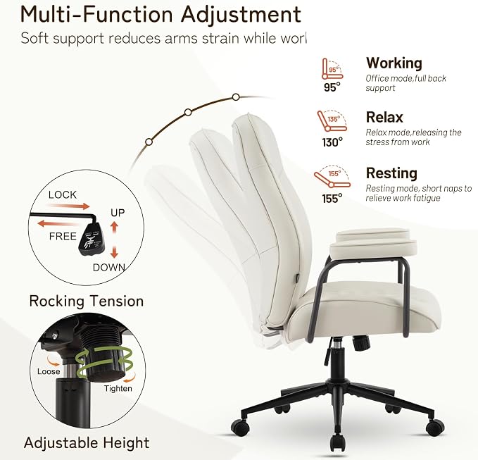 Furniliving Leather Office Chair, Comfy Home Office Desk Chair, Mid Century Modern Office Chair with Lumbar Support, Mid-Back Adjustable Swivel Computer Chair with Wheels and Arms, Cream White