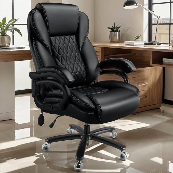 600lbs Big and Tall Office Chair with Pocket Spring Cushion, Ergonomic Heavy Duty Executive Office Desk Chair with Adjustable Lumbar Support, Large Comfy Computer Chair with Dual Rubber Wheel