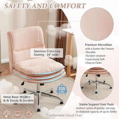 VINGLI Cloud Criss Cross Legged Home Office Desk Chair, 18" High Back Armless, Wide Adjustable Comfy Padded Seat, Modern Swivel Makeup Vanity Chair, Microfiber, Pink