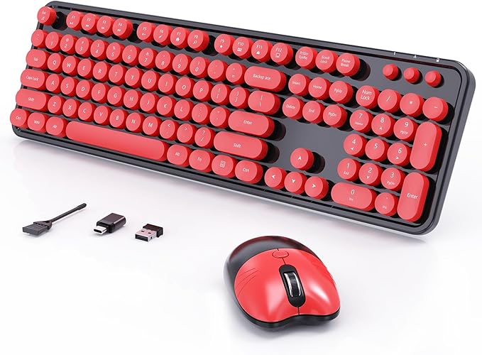 Wireless Keyboard and Mouse, 104 Round Keycaps Retro Typewriter with OTG & Brush, Full-Size Ergonomic, Ideal for Windows PC, Home, Office and College Black Red