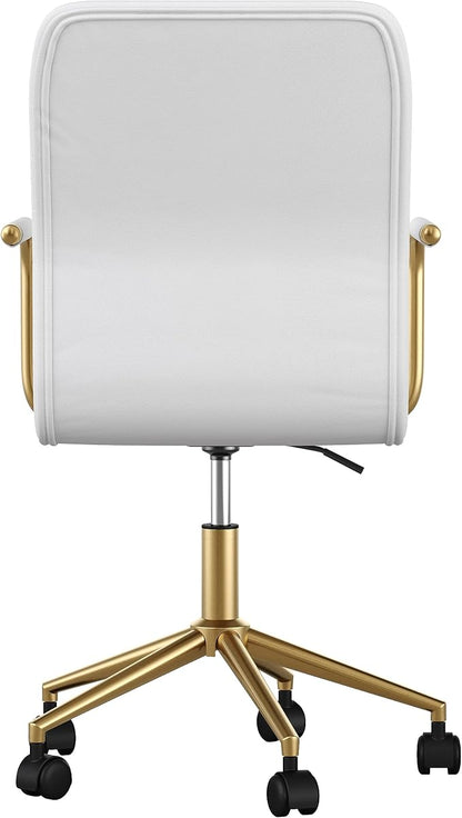 Martha Stewart Taytum Swivel Task Chair with Armrests for Home Office in White Faux Leather with Polished Brass Frame