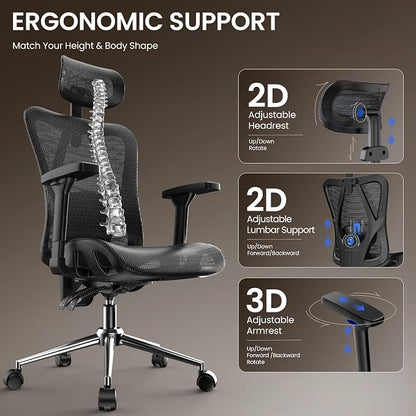 naspaluro Ergonomic Office Chair Mesh Desk Chair with Adjustable Headrest Lumbar Support 3D Armrest 90-135° Reclining Chairs for Home Office, Study, Work & Gaming (Black)
