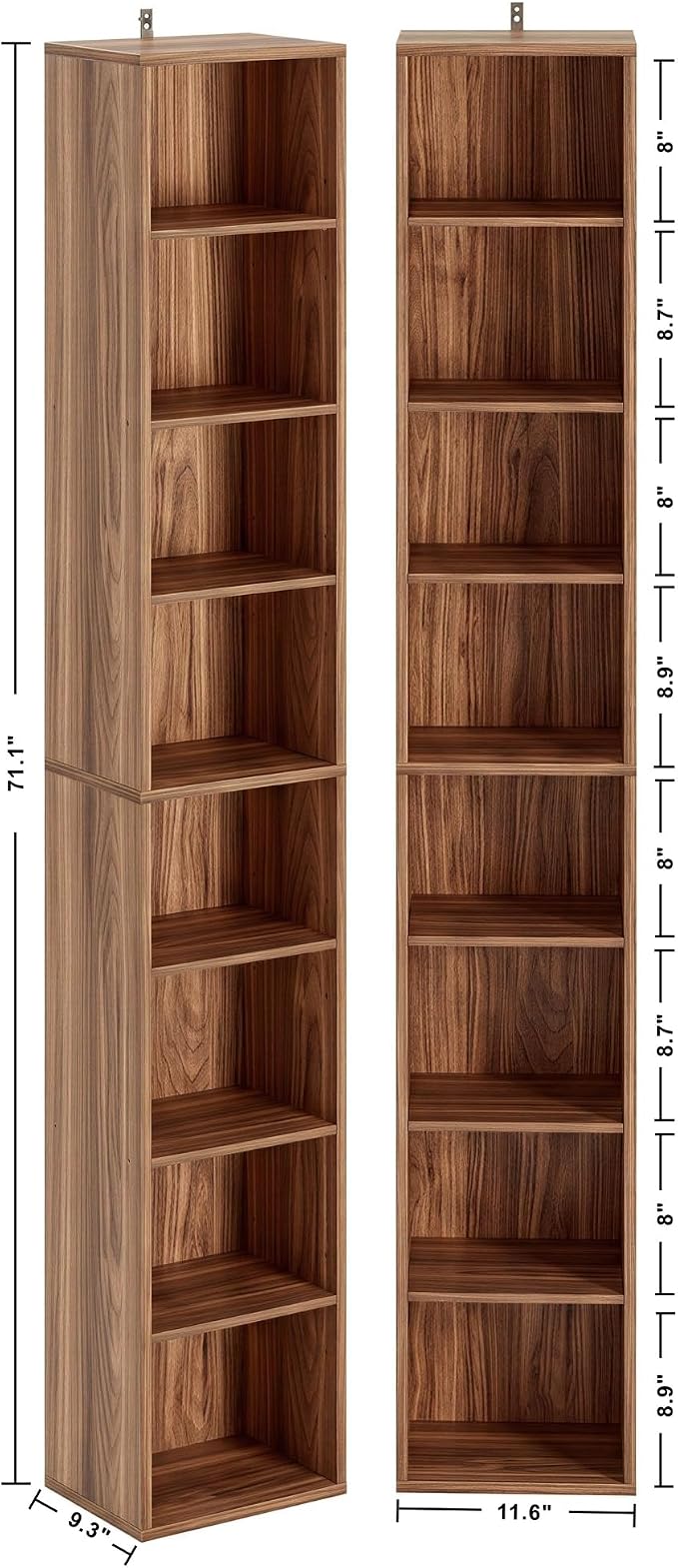 IRONCK Tall Narrow Bookshelf 8 Tiers 71in Set of 2, Compact Corner Bookcase, Easy to Match for Living Room, Office, Study, Bedroom