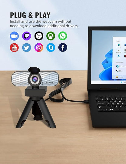 HD 1080P Webcam with Built-in Microphone and Rotatable Tripod, 1080P Video and Wide Angle Camera, Privacy Cover, for Desktop PC or Laptop Computer （White）