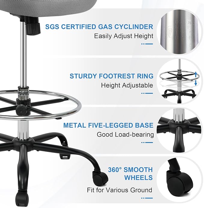 HYLONE Drafting Chair Tall Office Chair with Flip-Up Armrests Ergonomic Computer Chair with Lumbar Support Adjustable Footrest Ring Mesh Standing Desk Chair (Black)