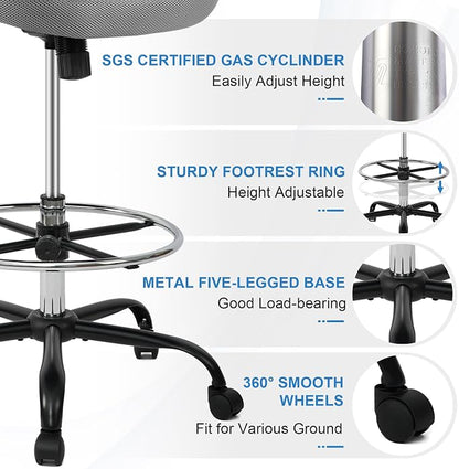 HYLONE Drafting Chair Tall Office Chair with Flip-Up Armrests Ergonomic Computer Chair with Lumbar Support Adjustable Footrest Ring Mesh Standing Desk Chair (Black)