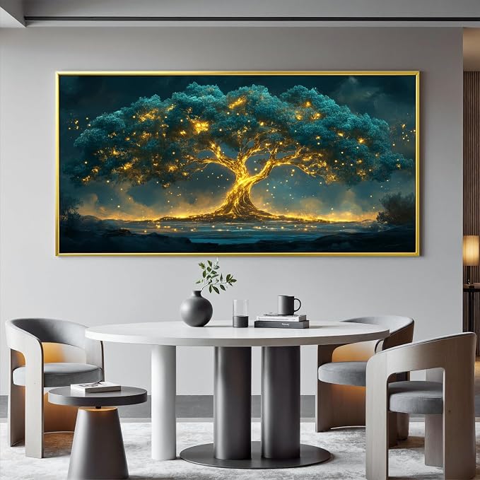 Canvas Wall Art Decor Artwork for Walls Oversized Green Gold Wall Art Prints Gold Framed Large Tree of Life Wall Art for Living Room Canvas Art Wall Decor Home Office Aesthetic Wall Decorations 29" x 58"