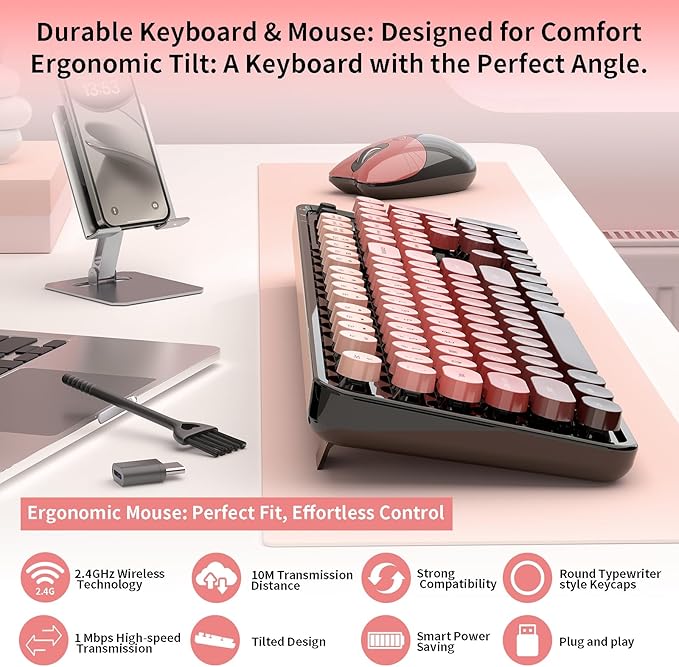 Wireless Keyboard and Mouse, 104 Round Keycaps Retro Typewriter with OTG & Brush, Full-Size Ergonomic, Ideal for Windows PC, Home, Office and College Black Pink