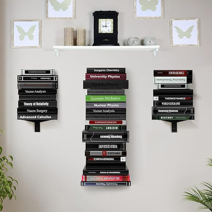 Floating Book Shelves for Wall, 8 Tier Invisible Floating Bookshelf, Vertical Spine Book Tower, Wall Mounted & Space Saving, Heavy Duty Metal Book Organizer for Home Office, 4 Pack Black