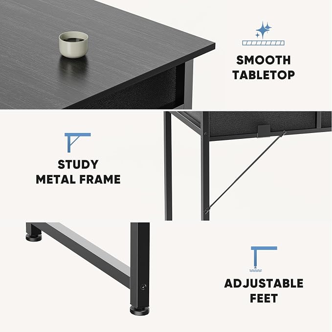 32" Small Gaming Desk with Drawers, Home Office Computer Writing Study Table with Storage Side Bag, Headphone Hook, and Adjustable Feet for Bedroom, Black
