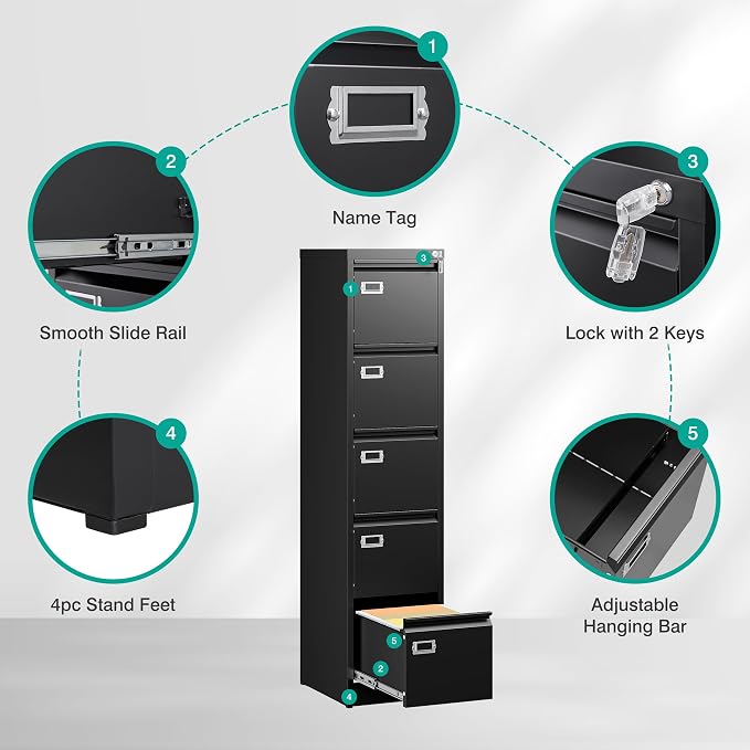 SISESOL 5 Drawer File Cabinet with Lock,Black Narrow Vertical File Cabinet Five Drawer,Tall Office Filing Cabinets,Metal Filing Cabinets for Home Office,Fit A4,Legal,Letter Size,-Assembly Required