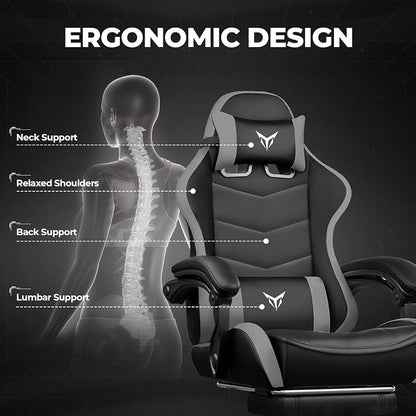 GTPLAYER Gaming Chair High Back Computer Chairs with Foot Rest for Adults, Ergonomic Height Adjustable Recliner Chair 300lbs with Linkage Armrest and Lumbar Support for Home Office, Grey