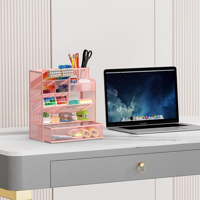 Pen Organizer for Desk - Multi-Functional Pencil Holder with Drawer Desk Organizers, Large Capacity Storage for School Office Home Supplies (Pink)