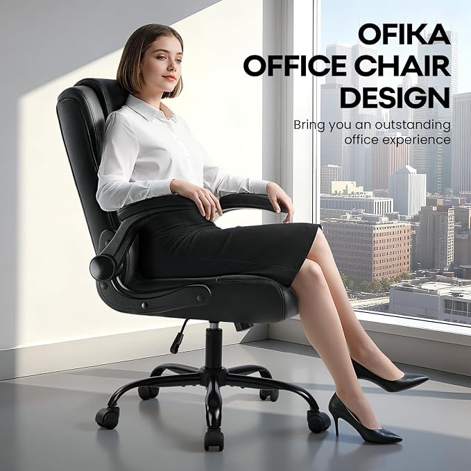 OFIKA Leather Office Desk Chair,Ergonomic Office Chair with Lumbar Support,Computer Chair,Executive Leather Chair with Padded Flip-up Arm,Adjustable Armrests, Black,275LBS