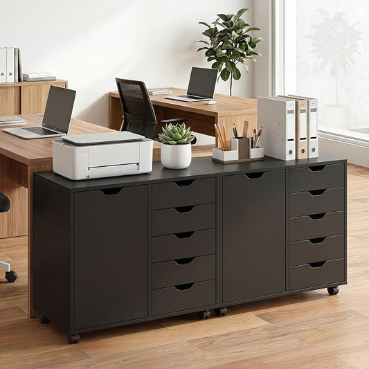 Giantex 5-Drawer File Cabinet with Wheels, Wooden Rolling Lateral Filing Cabinet with Door and Adjustable Shelf, Chest of Drawers, Mobile Printer Stand Organizer for Home Office (Black)
