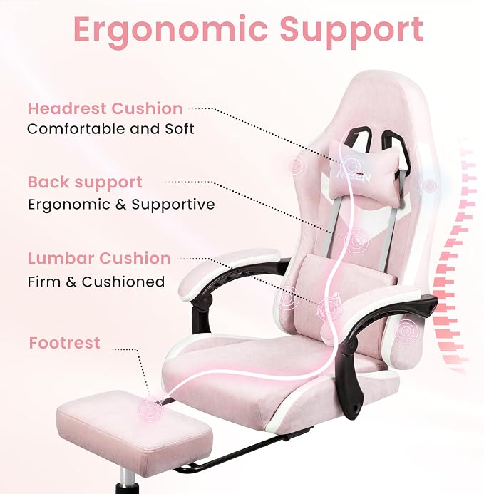N-GEN GAMING Gaming Chair Video Game Computer Office Desk Use Ergonomic Reclining Backrest Adjustable Armrests Lumbar Support Footrest High Density Foam Breathable Fabric Heavy Duty Base (Pink)
