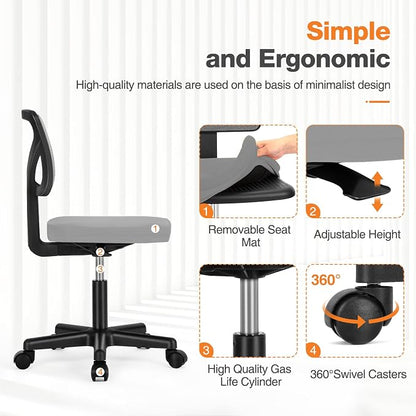 Sweetcrispy Small Desk Chair, Ergonomic Low-Back Mesh Rolling Work Swivel Chairs with Wheels, Armless Comfortable Seat Lumbar Support for Home, Bedroom, Study, Student, Adults, Grey