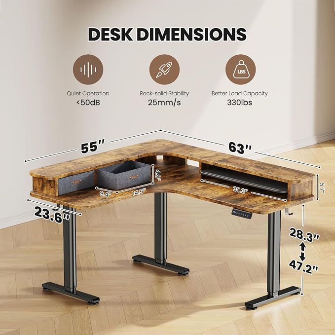 Flycity Electric L Shaped Standing Desk with Drawers, 63" x 55" Corner Standing Desk Adjustable Height, Stand Up Home Office Desk, Dual Motor Sit Stand Desk with 3 Memory Preset & Lock, Brown