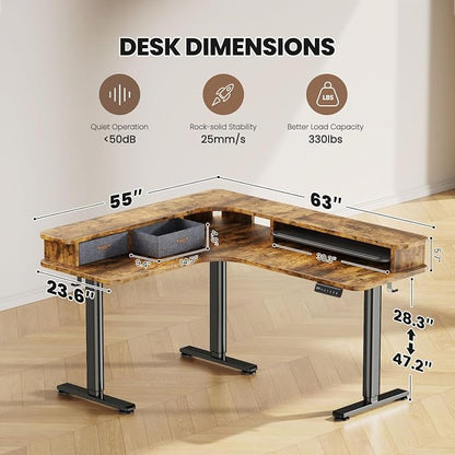 Flycity Electric L Shaped Standing Desk with Drawers, 63" x 55" Corner Standing Desk Adjustable Height, Stand Up Home Office Desk, Dual Motor Sit Stand Desk with 3 Memory Preset & Lock, Brown