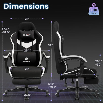 N-GEN GAMING Gaming Chair Video Game Computer Office Desk Use Ergonomic Reclining Backrest Adjustable Armrests Lumbar Support Footrest High Density Foam Breathable Fabric Heavy Duty Base (Black)