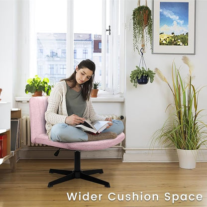 PUKAMI Criss Cross Chair,Comfy Cross Legged Office Desk Chair No Wheels,Modern Fabric Swivel Adjustable Height Mid Back Wide Seat for Home Office Computer (Pink)