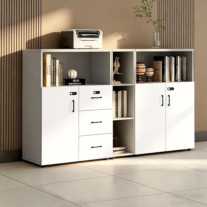 File Cabinet with Password Lock, Wood Lateral Filing Cabinet for Letter/A4 Files, 3 Drawer with Door, Printer Stand with Open Shelves for Home Office