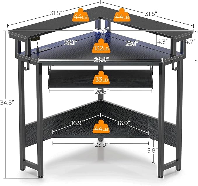 Corner Gaming Desk - ,44.5" W x 34.5" H Small Computer Desk with Power Outlets,Home Office Desk with LED Lights, Triangle Corner Table with Keyboard Tray & Monitor Stand for Small Space, Black