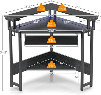 Corner Gaming Desk - ,44.5" W x 34.5" H Small Computer Desk with Power Outlets,Home Office Desk with LED Lights, Triangle Corner Table with Keyboard Tray & Monitor Stand for Small Space, Black
