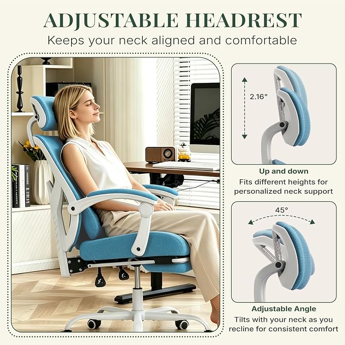 Ergonomic Office Chair with Footrest, High Back Home Desk Computer Chair with Lumbar Support & Headrest, 90-135° Reclining Mesh Back with Wheels for Work, Gaming, Blue