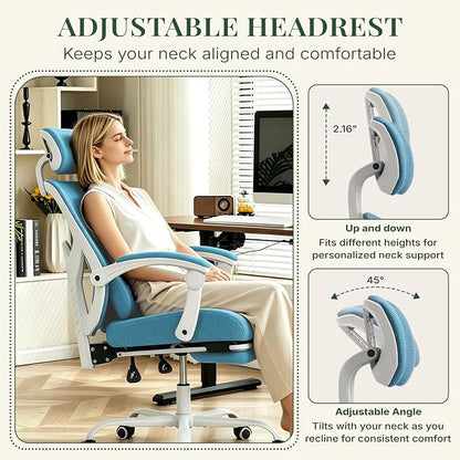 Ergonomic Office Chair with Footrest, High Back Home Desk Computer Chair with Lumbar Support & Headrest, 90-135° Reclining Mesh Back with Wheels for Work, Gaming, Blue