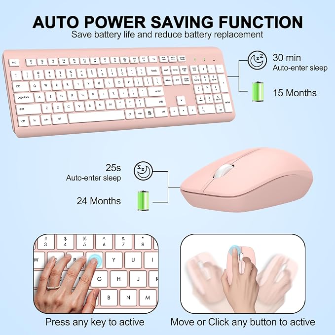 Wireless Keyboard and Mouse Combo, Full-Size Silent Ergonomic Keyboard and Optical Mouse, Long Battery Life, 2.4G Lag-Free Mice Keyboard for Computer, Mac, Laptop, PC, Windows(White Pink)