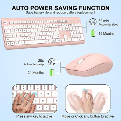 Wireless Keyboard and Mouse Combo, Full-Size Silent Ergonomic Keyboard and Optical Mouse, Long Battery Life, 2.4G Lag-Free Mice Keyboard for Computer,Mac,Laptop,PC,Windows(White Pink)