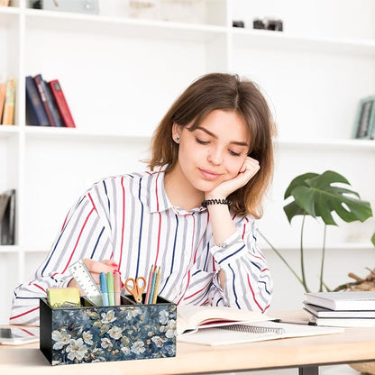 Dark Blue Floral Pen Pencil Holder for Desk, Academia Cottagecore Botanical Flower Wooden Box Sign Organizer for Home Room Office Bedroom Desk Accessories Tabletop Decorations