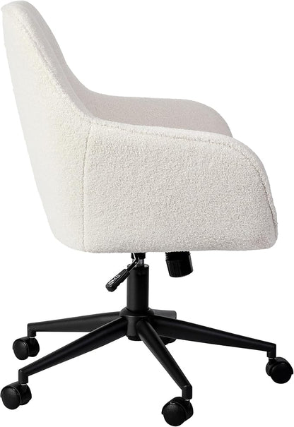 Martha Stewart Rayna Swivel Task Chair with Flared Arms for Home Office in White Boucle with Oil Rubbed Bronze Frame